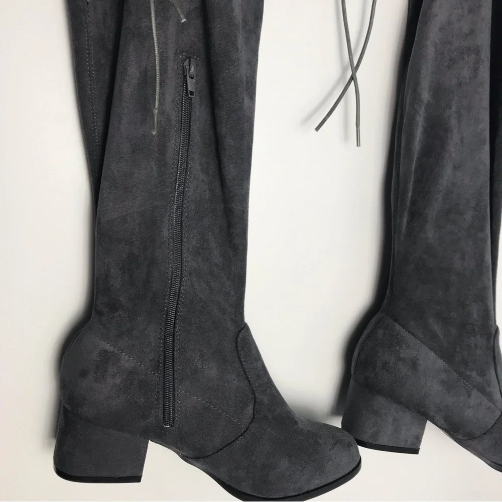 NWOT Gray Faux Suede Over the Knee Boots | Block Heel Tie Back Zip | Fall Winter